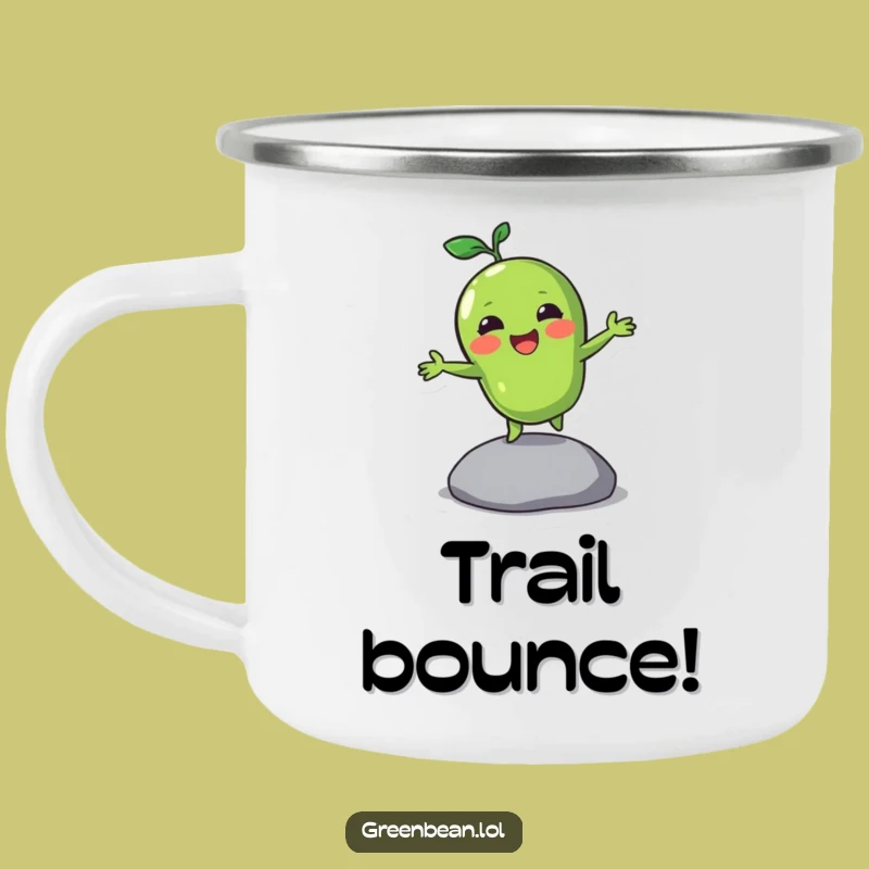 Funny Bouncing Green Bean Camping Mug: Trail-Ready Energy with Comedic Vegetable