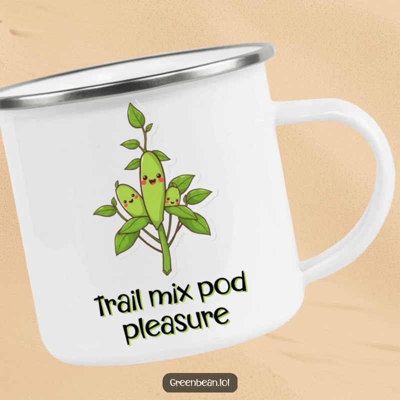Funny camping mug showing a smiling green bean plant, perfect for outdoor garden humor and cheerful sips.