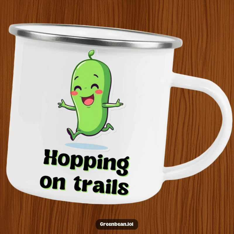 Funny green bean camping mug with a joyful character hopping with delight. Durable and humorous for adventures.