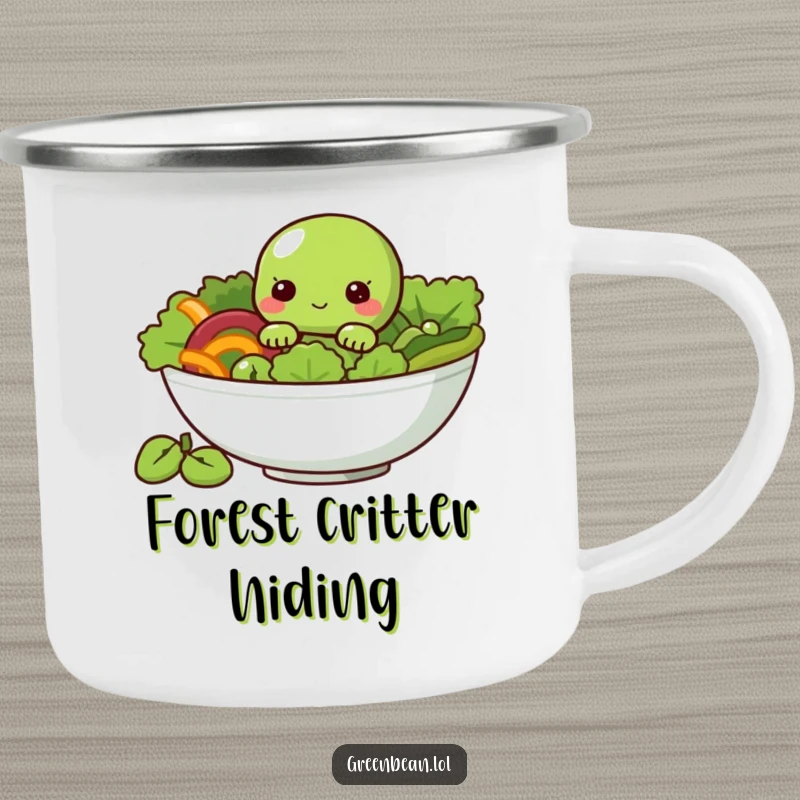 Funny Camping Mug showing a shy green bean character peeking from a salad bowl, perfect for camp drinks.