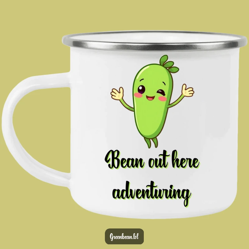 Funny Campfire Green Bean Mug: Cheerful Waving, Durable Funny Gift!