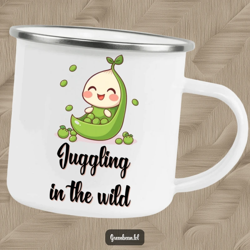 Funny camping mug showing a green bean segment juggling peas, ideal for outdoor fun and warmth.
