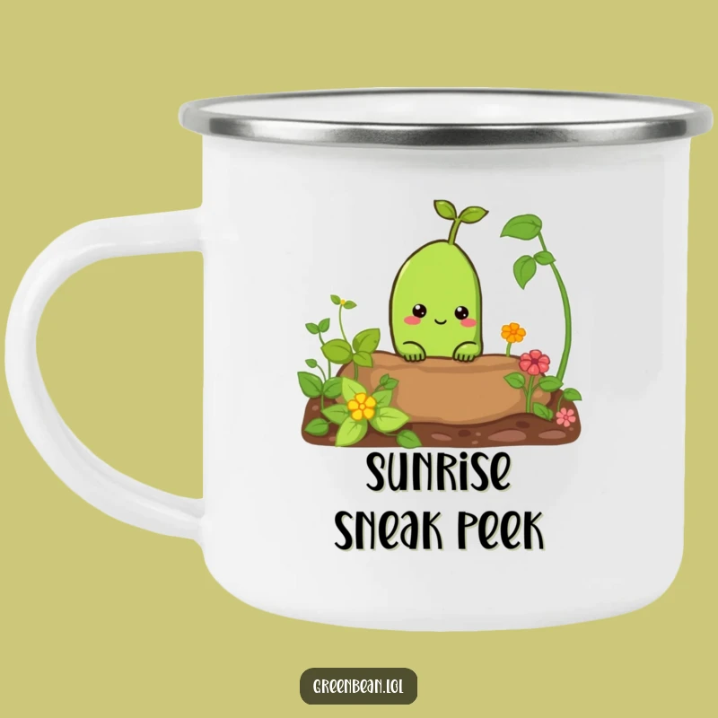 Funny Curious Green Bean Camping Mug: Garden Peek Adventure, Perfect Outdoor Gift