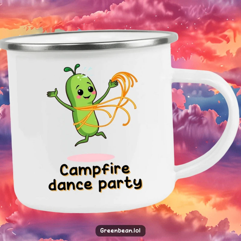 Funny camping mug with an energetic green bean character dancing with spaghetti, designed for outdoor fun.