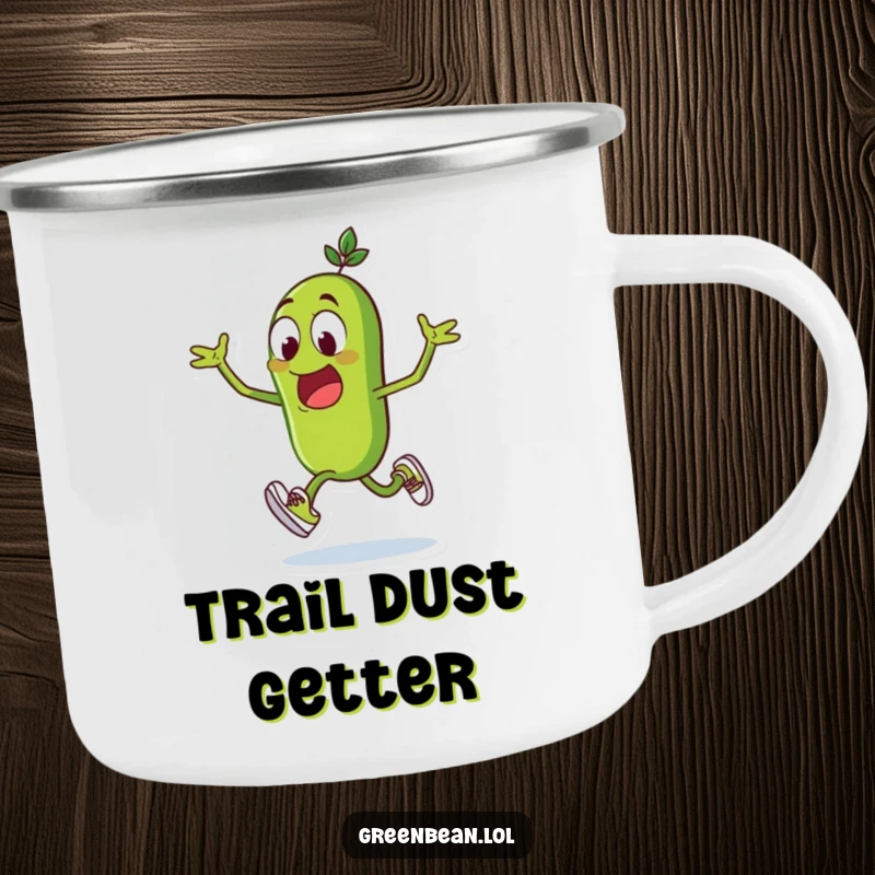 Funny green bean camping mug, excited sprinter with tiny shoes, durable for outdoor adventures, humorous design, funny gift.
