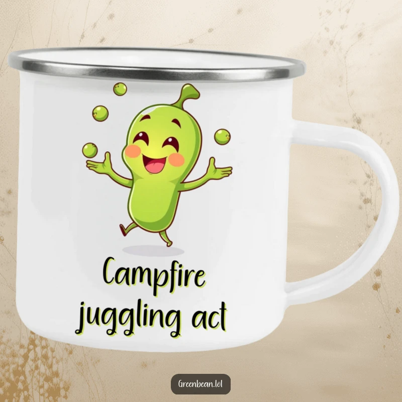 Funny green bean camping mug, joyful character juggling peas, durable for outdoor use, humorous and cheerful design, funny gift.