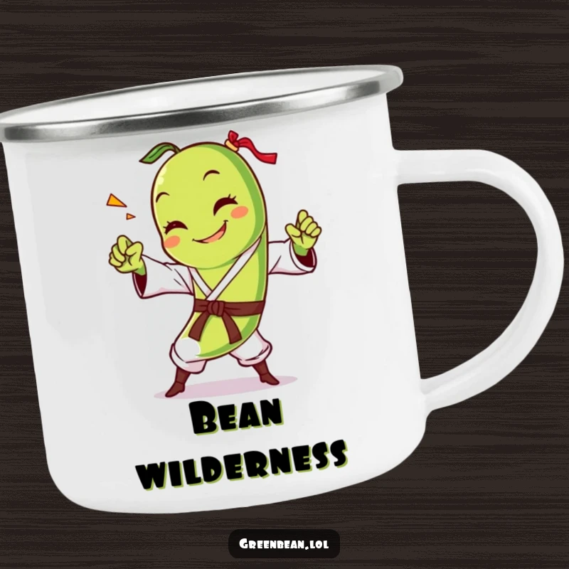 Funny green bean camping mug showing a smiling character mid-karate chop, perfect for hot beverages during wilderness adventures. Sturdy enamel.