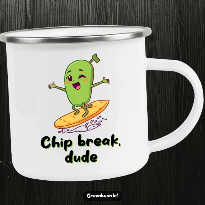 Funny green bean character winking and surfing a potato chip on a durable camping mug.