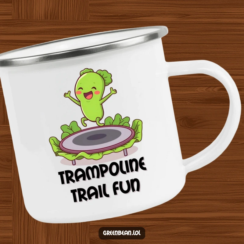 Funny camping mug with an energetic green bean character bouncing on a lettuce trampoline, designed for outdoor fun.