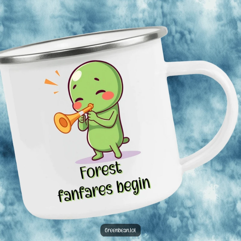 Funny Green Bean Camping Mug: A sturdy mug with a green bean playing a tiny trumpet, ideal for outdoor adventures and cheerful mornings.