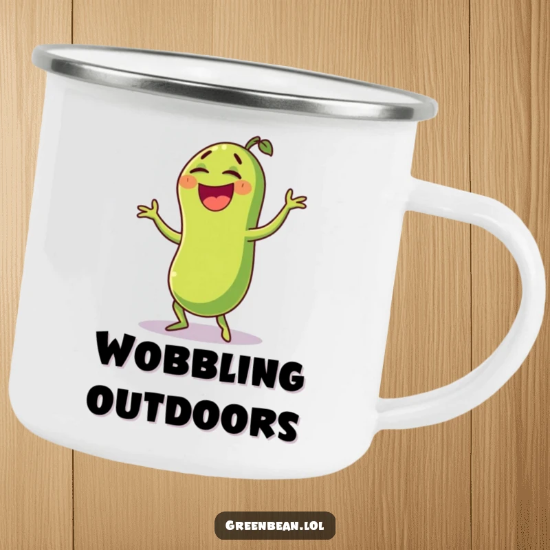 Funny green bean camping mug depicting a laughing character doing a funny wobble dance, perfect for hot drinks during outdoor fun. Durable enamel.