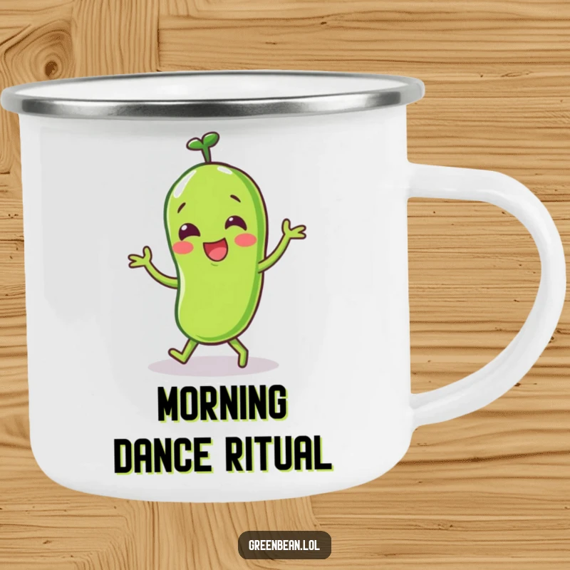 Funny Green Bean Camping Mug featuring a happy character doing a little dance, perfect for outdoor drinks.