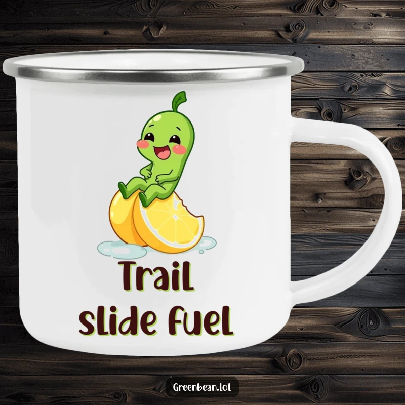 Funny enamel camping mug showing a green bean character giggling while sliding down a slippery lemon wedge.