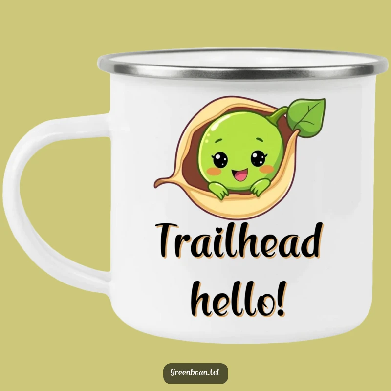 Funny Peek-a-Boo Green Bean Camping Mug: Cute Vegetable Surprise for Outdoor Fun