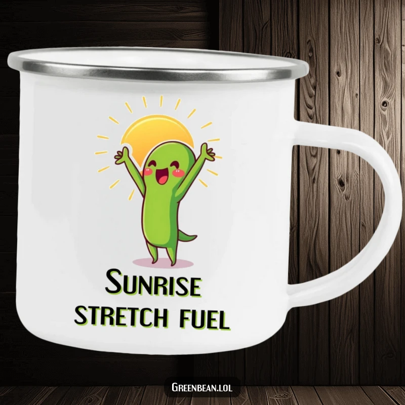Funny Green Bean Camping Mug featuring a proud character stretching towards the sun, perfect for outdoor drinks.
