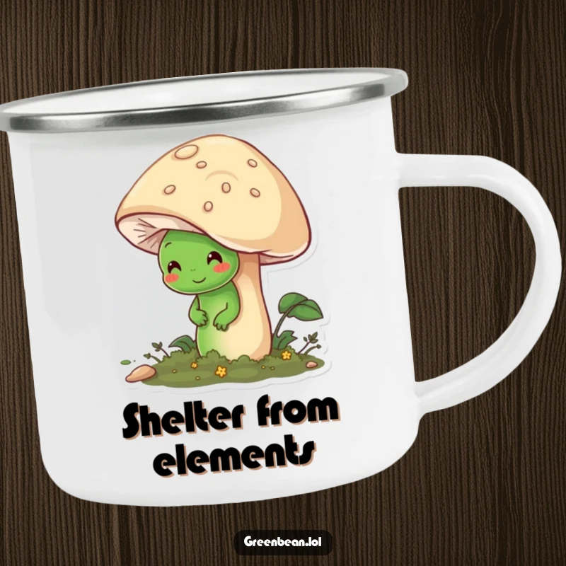 Funny camping mug with a shy green bean character hiding behind a large, friendly mushroom, designed for peaceful outdoor moments.