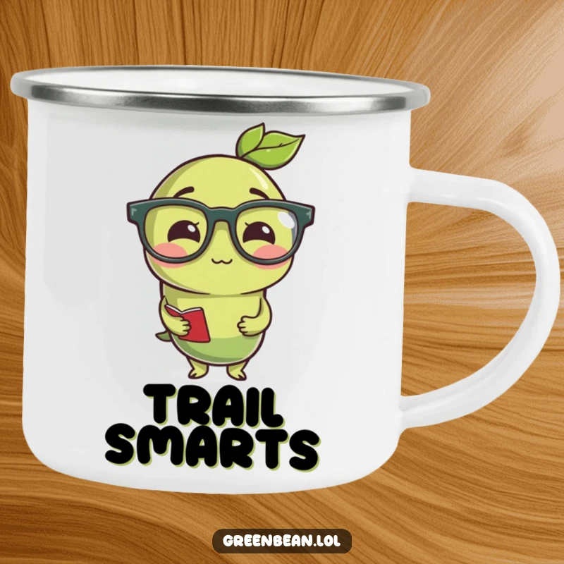 Funny studious green bean wearing reading glasses, a sturdy and humorous enamel camping mug for intellectuals.
