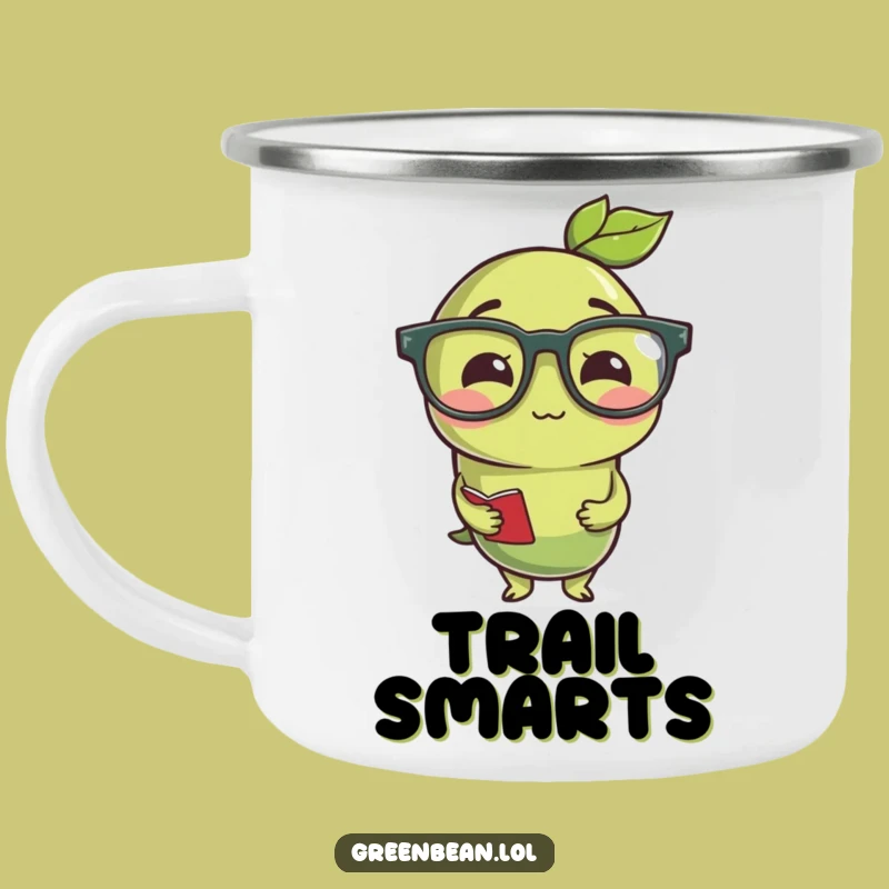 Funny Studious Green Bean Enamel Mug: Campfire Smarts Guaranteed!