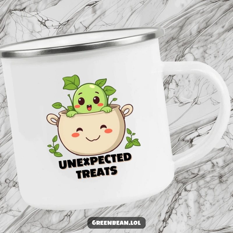 Funny camping mug featuring a surprised green bean character peeking out of a smiling pot, rugged and fun.