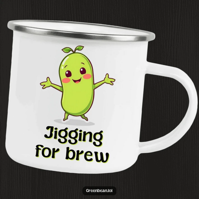 Funny camping mug with a smiling green bean character doing a lively jig with little arms outstretched, built for outdoor fun.