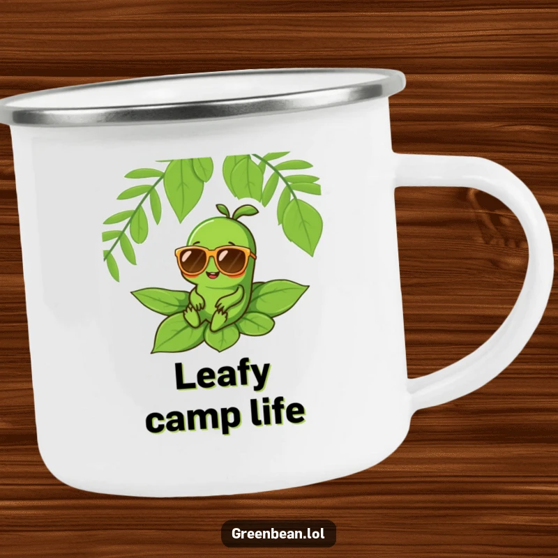 Funny camping mug showing a green bean character in oversized sunglasses relaxing on a leaf, perfect for outdoor drinks.