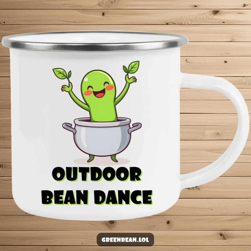 Funny camping mug featuring a happy green bean character performing a lively jig inside a cooking pot, perfect for outdoor drinks.