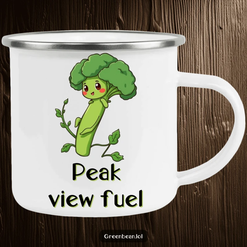 Funny Camping Mug showing a determined green bean character climbing a broccoli stalk, ideal for camp drinks.