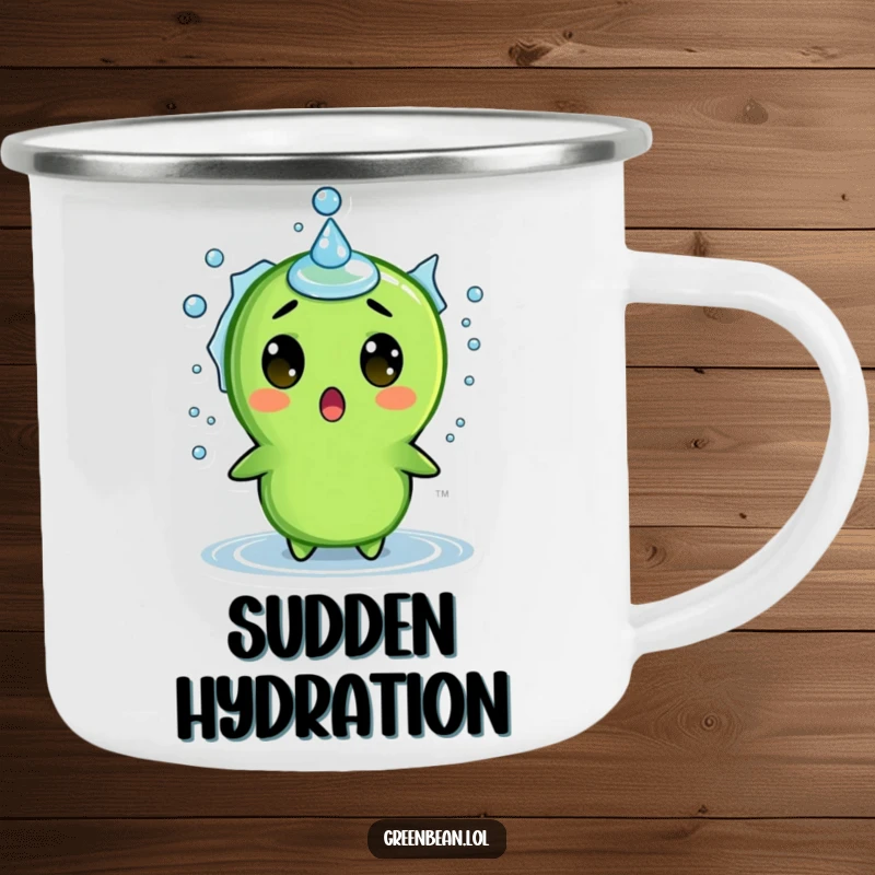 Funny camping mug showing a surprised green bean character reacting to a water splash, symbolizing outdoor adventures and humor.