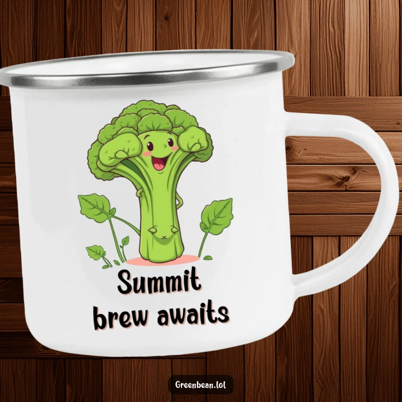 Funny camping mug depicting a determined green bean character climbing a smiling broccoli stalk, for outdoor humor.