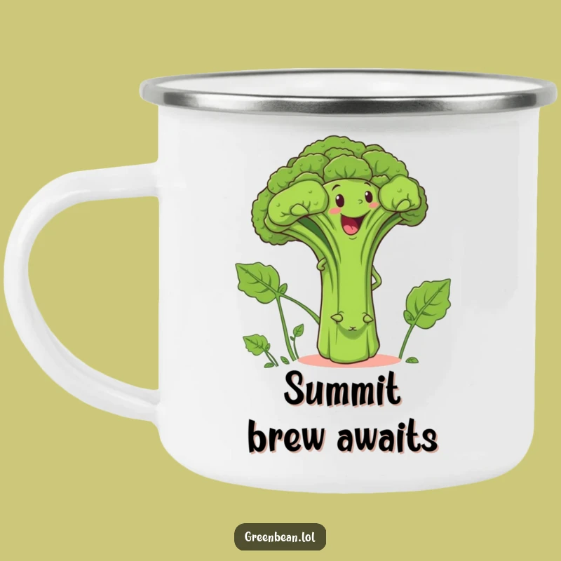 Funny Green Bean Climbing Broccoli Camping Mug: Adventure Fuel
