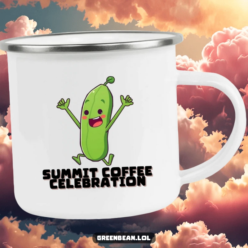 Funny Camping Mug with a determined green bean character doing a triumphant leap, perfect for outdoor celebrations and motivational humor, a durable funny gift.