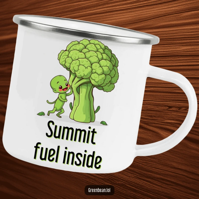 Funny camping mug showing a green bean character climbing a broccoli stalk, symbolizing adventure and perseverance outdoors.