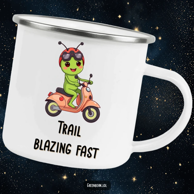 Funny camping mug featuring a green bean character riding a ladybug scooter, perfect for outdoor enjoyment and humor.