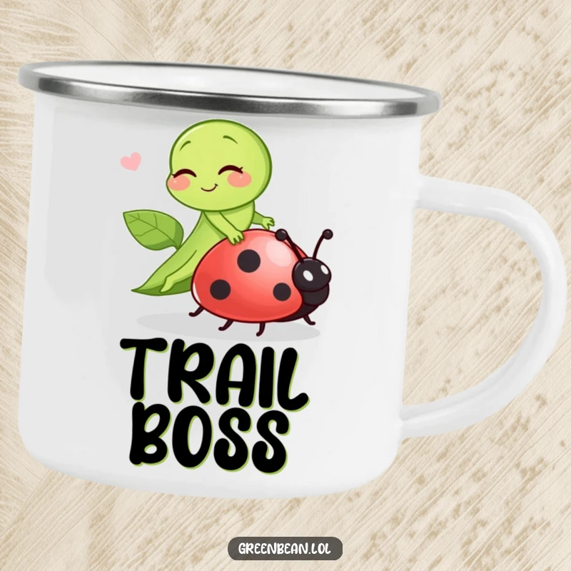 Funny green bean winking playfully while riding a ladybug, a durable and humorous enamel camping mug.