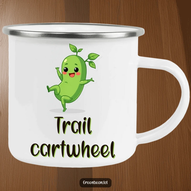 Funny camping mug depicting a cheerful green bean doing a cartwheel with leafy tops trailing, for outdoor use.