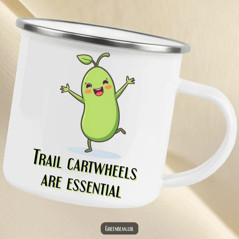 Funny green bean camping mug showing a cheerful green bean with tiny legs doing a joyful cartwheel, perfect for outdoor fun and humor.