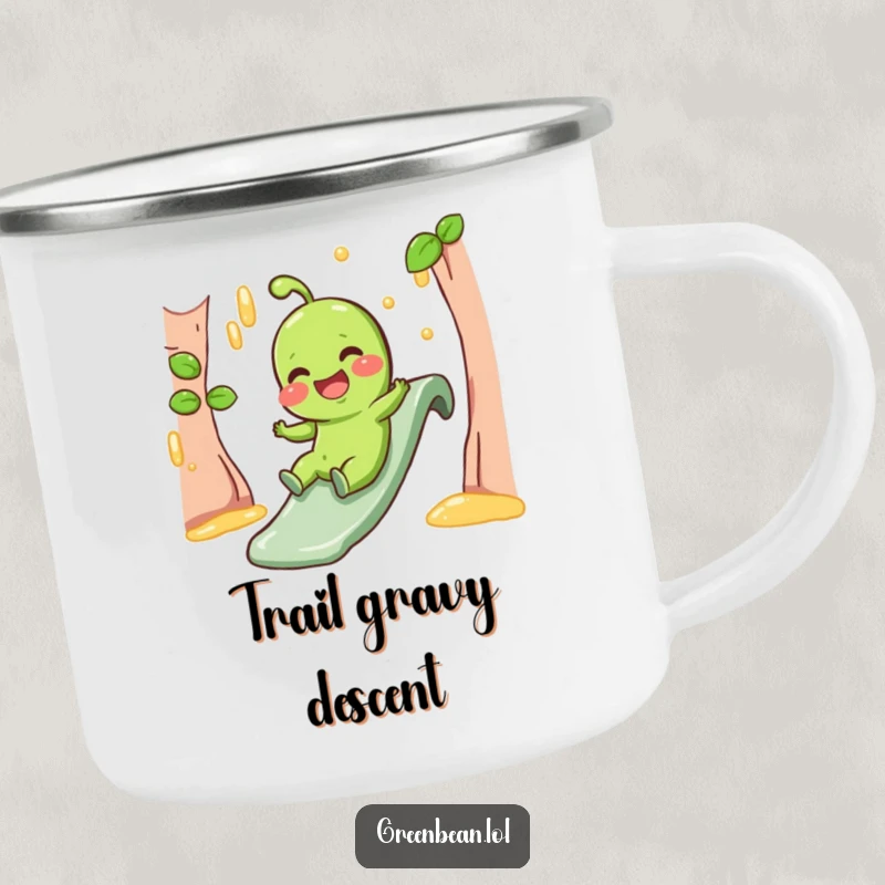 Funny Camping Mug showing a giggling green bean character sliding down a gravy slide, ideal for camp drinks.