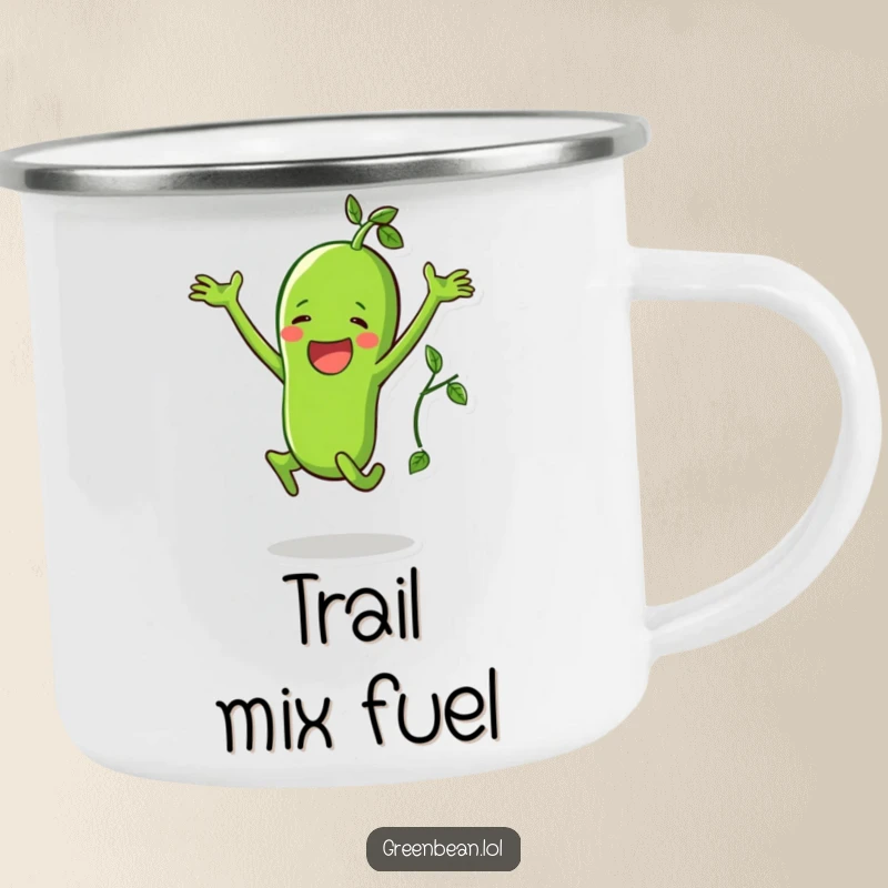 Funny camping mug featuring a happy green bean character doing a jumping jack with a vine, durable and fun.