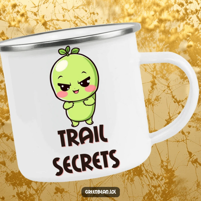 Funny camping mug featuring a playful green bean giving a sly wink, perfect for outdoor enjoyment and a playful vibe.