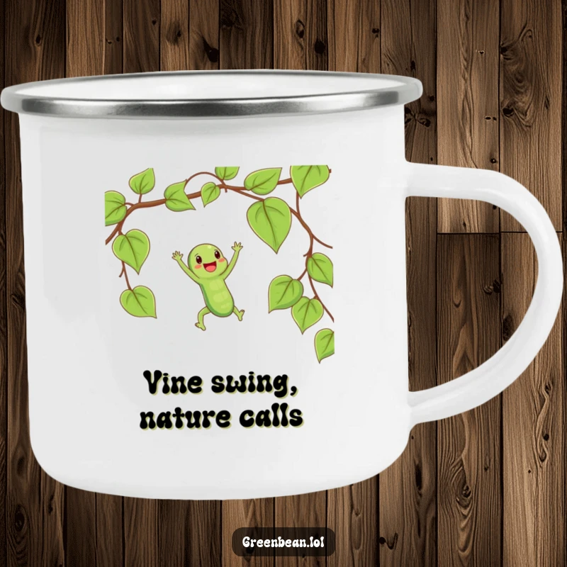 Funny camping mug showing a happy string bean swinging on a vine, adding playful humor to outdoor drinks.