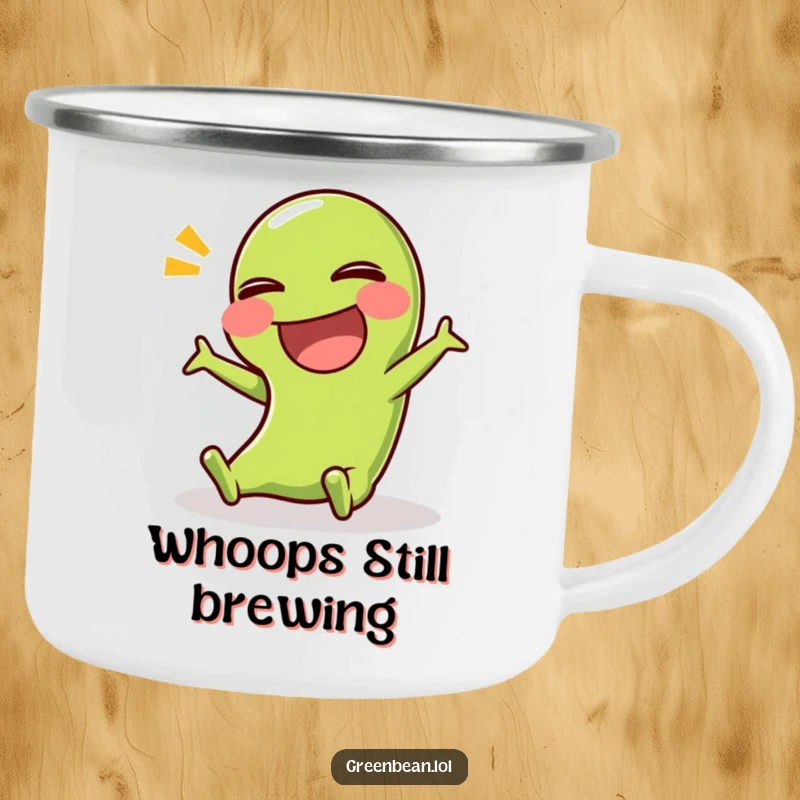 Funny camping mug with a green bean character slipping comically, designed for outdoor adventures and laughs.