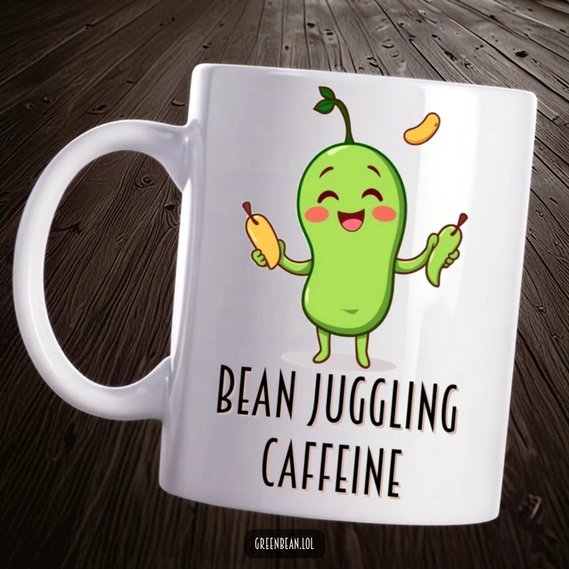 Funny Mug showing a cheerful green bean character expertly juggling three other green beans with a happy expression.