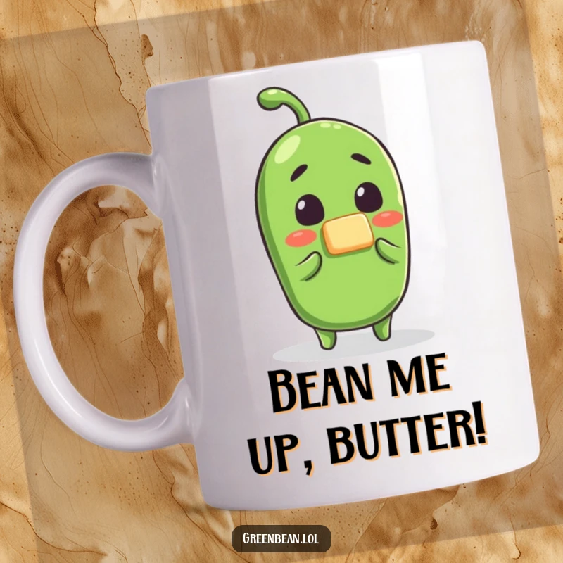 Funny surprised green bean butter mug, a wide-eyed bean getting buttered, looking shocked but perhaps pleased, a comical breakfast illustration.