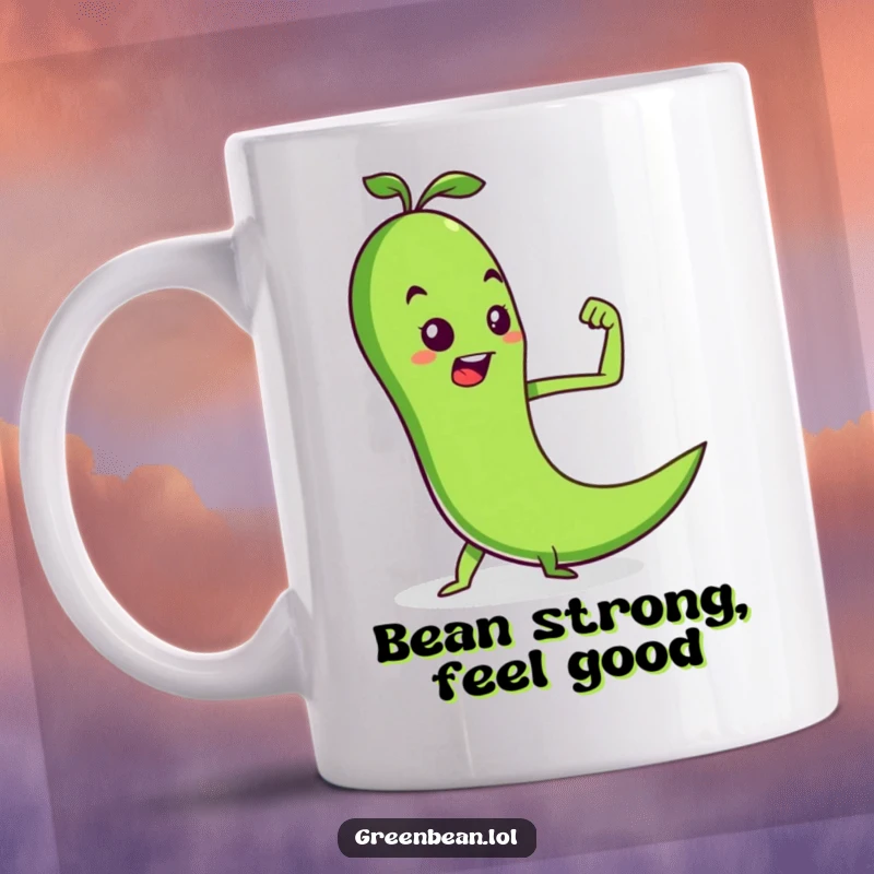 Funny mug showing a determined green bean character flexing a tiny pea muscle, embodying strength and humor, perfect for a funny gift.