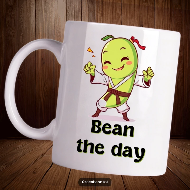 Funny green bean mug featuring a smiling character performing a dramatic karate chop, ready to slice through your morning blues. Hilarious veggie action.