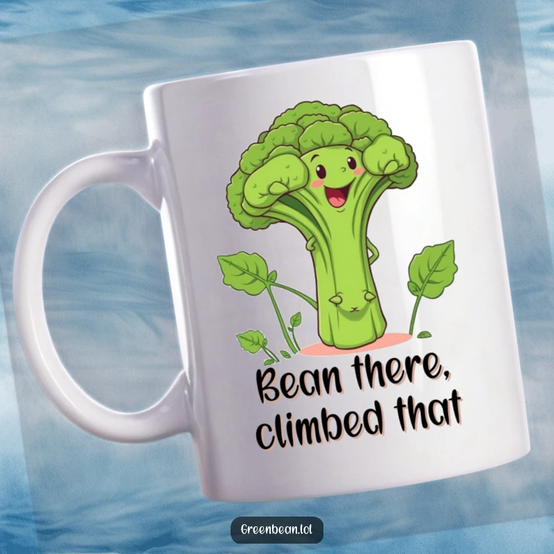 Funny mug featuring a determined green bean character scaling a giant, smiling broccoli stalk, showcasing a comical quest.