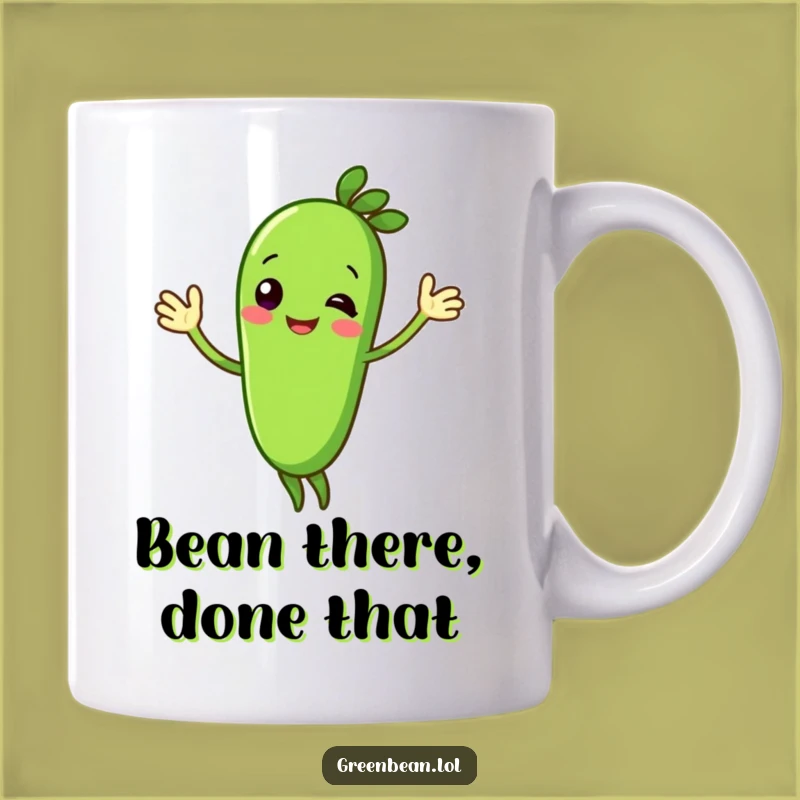 Funny Waving Green Bean Mug: Cheerful Character Design, Perfect Funny Gift!