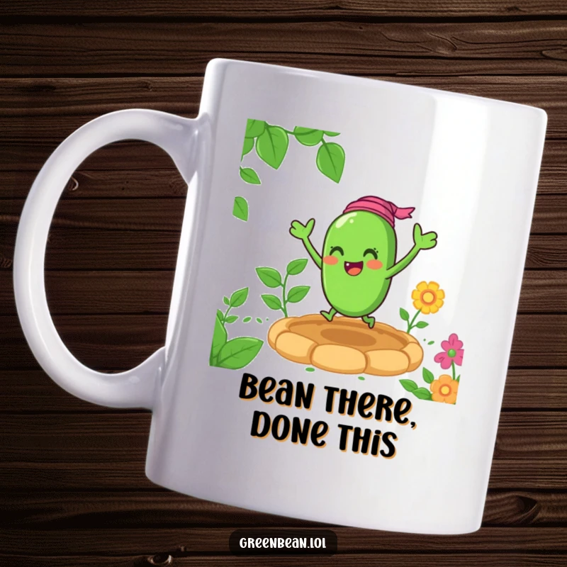 Funny garden mug featuring a joyful green bean character enthusiastically bouncing amidst lush green plants in a sunny garden bed.