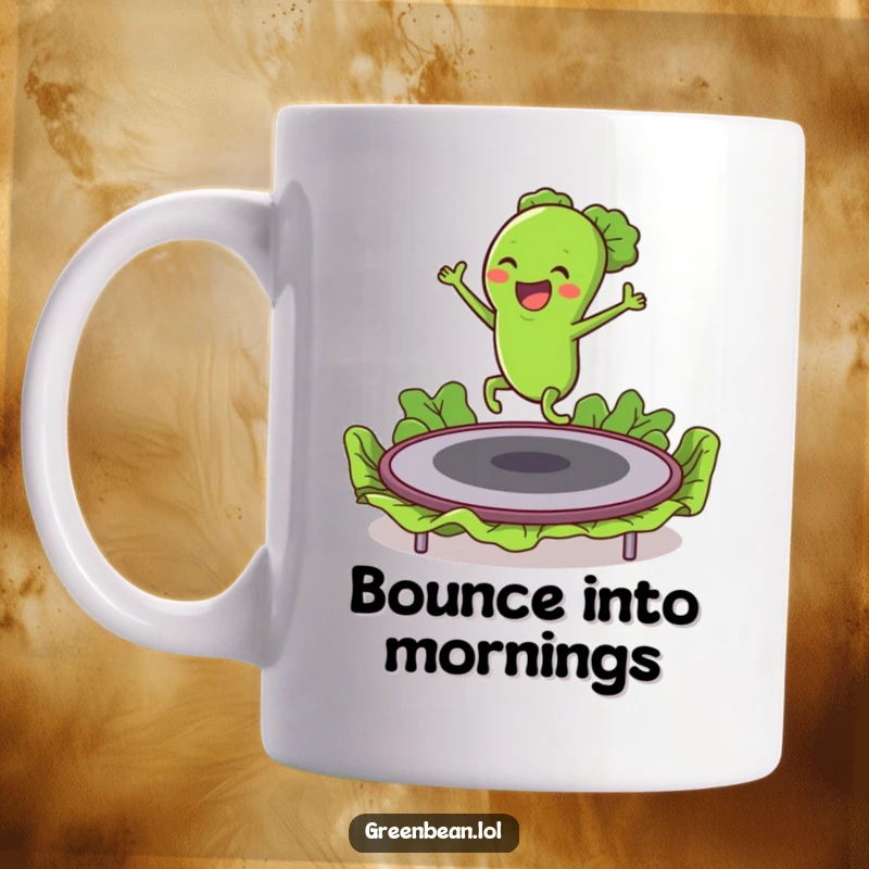 Funny mug depicting an energetic green bean character joyfully bouncing high on a lettuce trampoline, full of excitement.