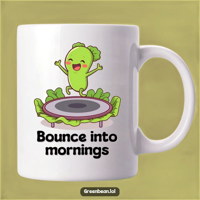 Funny Green Bean Trampoline Mug: Hilarious Veggie Action Gift